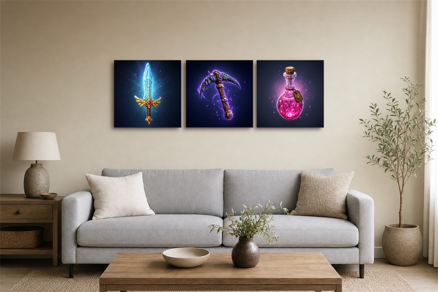 Pixel art canvases above a desk in a gamer room
